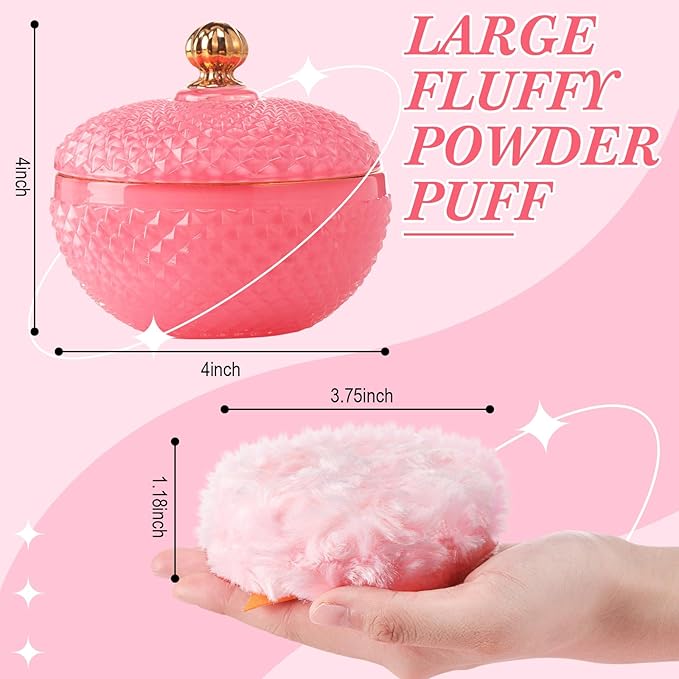4 Pcs Pink Large Body Powder Puff and Container for Body with Crystal Container Fluffy Soft Washable Face Glitter Powder Puff Puffs for Wet Dry