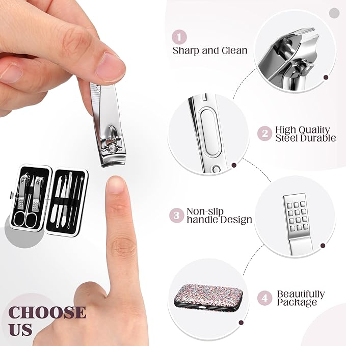 Geosar 12 Set 8 in 1 Manicure Set Stainless Steel Nail Clippers Kit Pedicure Care Tools with Leather Case Travel Grooming Kit Gift for Women Men Gift(Glitter Candy Color)