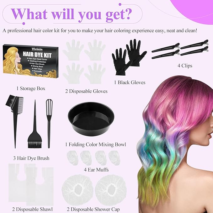 19PCS Hair Dye Kit, Hair Coloring Products with Hair Dye Brush, Collapsible Bowl, Clips, Ear Muffs, Disposable Gloves, Scarf, Shower Cap