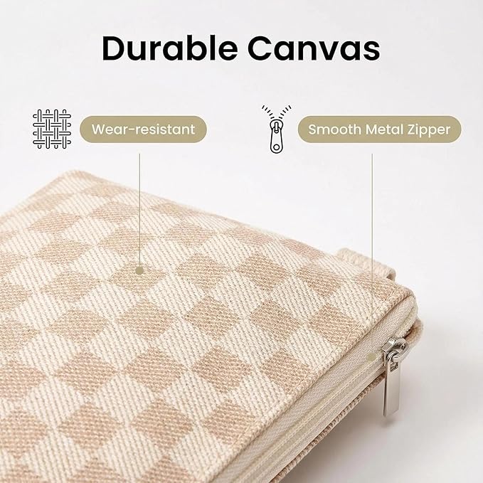 3 Pcs Canvas Makeup Bag Set Checkered Cosmetic Pouch for Women Travel Toiletry Bag Cute Makeup Organizer Purse Pouch Preppy Pencil Case with Zipper (Checkered Khaki)