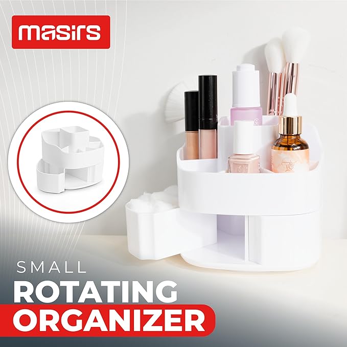 Masirs Small 360 Rotating Makeup Organizer - Mini Yet Spacious Cosmetic Storage Solution with Multiple Compartments - The Perfect Spinning Make-Up Caddy for Vanity or Bathroom Counter (Square - White)