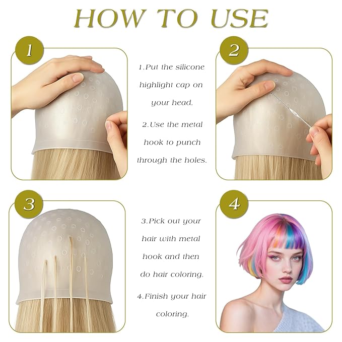 2PCS Reusable Silicone Hair Highlighting Caps with Hooks – Pull Through Dye Caps with Holes for Frosting & Coloring, Hairdressing Salon Kit
