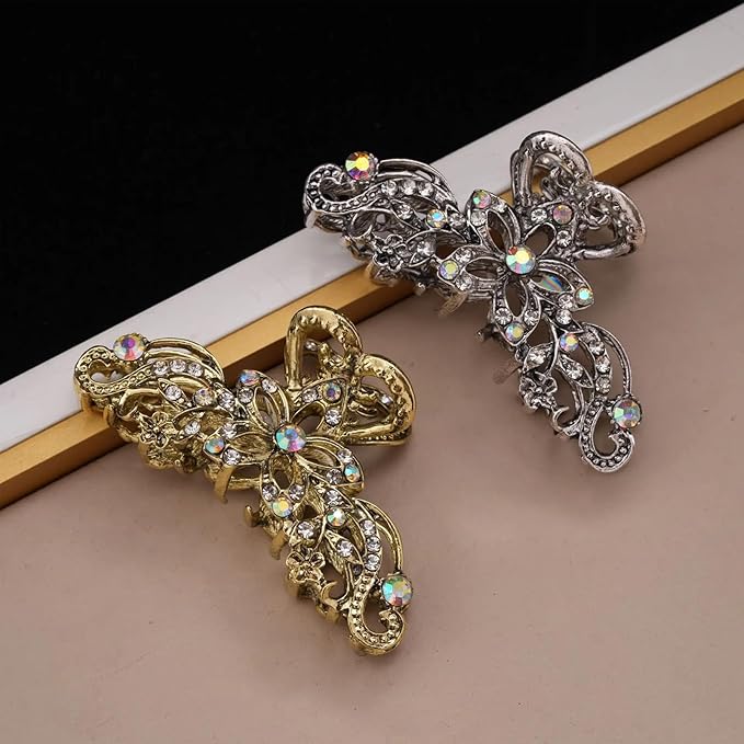 Fancy Hair Claw Jaw Clips Pins For Womens, Vintage Rhinestone Crystal Flowers Hair Barrette for Thick Hair Accessories White Silver