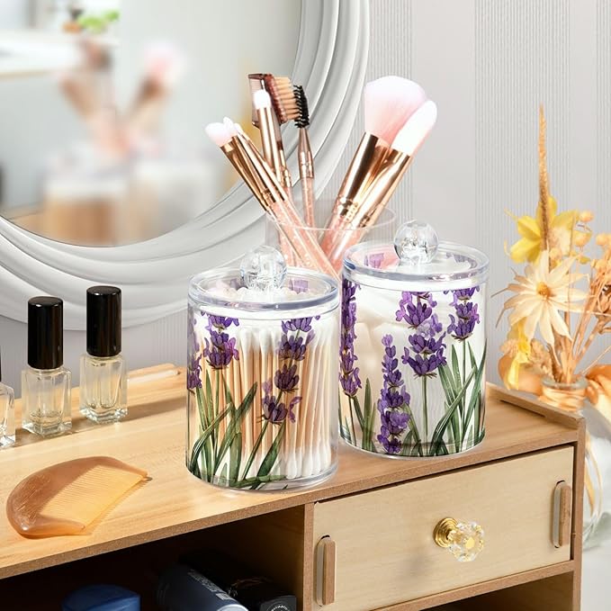 2 Pack Qtip Holder Dispenser for Cotton Ball Purple Lavender Watercolor Flower Cotton Swab Round Pads Clear Plastic Acrylic Jar Set Bathroom Canister