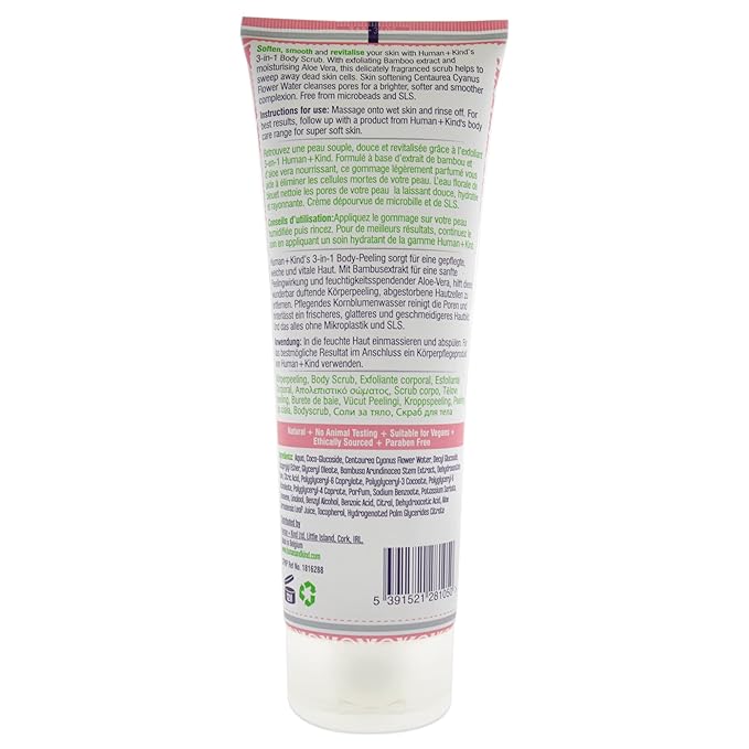 Human+Kind Body Scrub - Exfoliating, Hydrating Body Polish that Scrubs Away Dead Skin Cells - Clarifying Treatment for Soft, Smooth Skin with Bamboo Extract Beads - Vegan and Cruelty Free - 6.76 oz