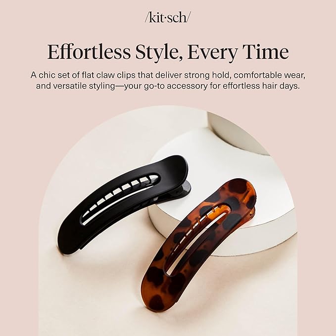 Kitsch Flat Hair Clips for Women - Strong Hold, No Slip Grip Flat Claw Clips For Secure and Comfortable Look | Durable Recycled Plastic Hair Accessories | Ideal Gifts for Women - Black & Tortoise, 2pc