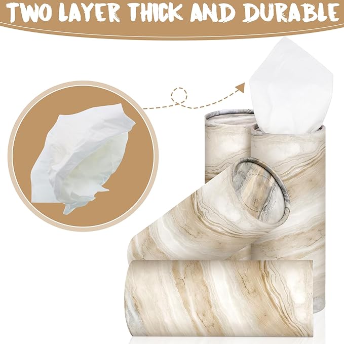 Geyoga 4 Pack Car Tissue Holder Marble Print Car Tissues Cylinder Round Paper Boxes with 50 Facial Paper Towel Per Box for Brown Refill Round Container for Home Office Travel Gift(Brown)