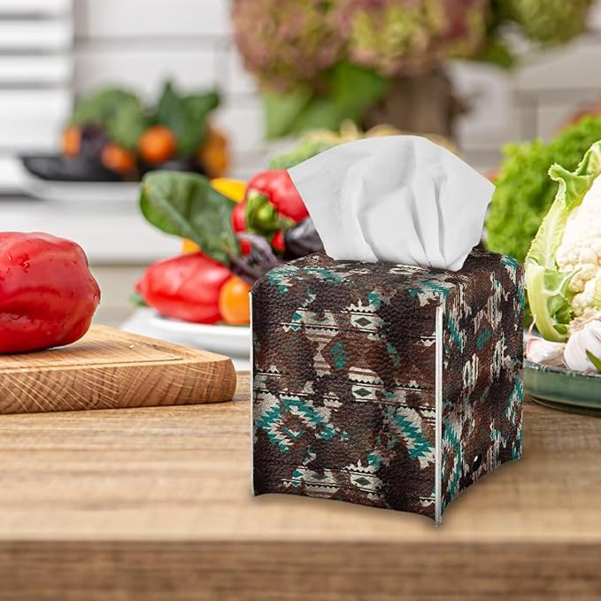 Aztec Cowhide Minimalist Tissue Box Holder, Square PU Leather Napkin Organizer with Secure Metal Button, Waterproof and Stain-Resistant Tissue Cover for Home, Kitchen, and Automotive Use