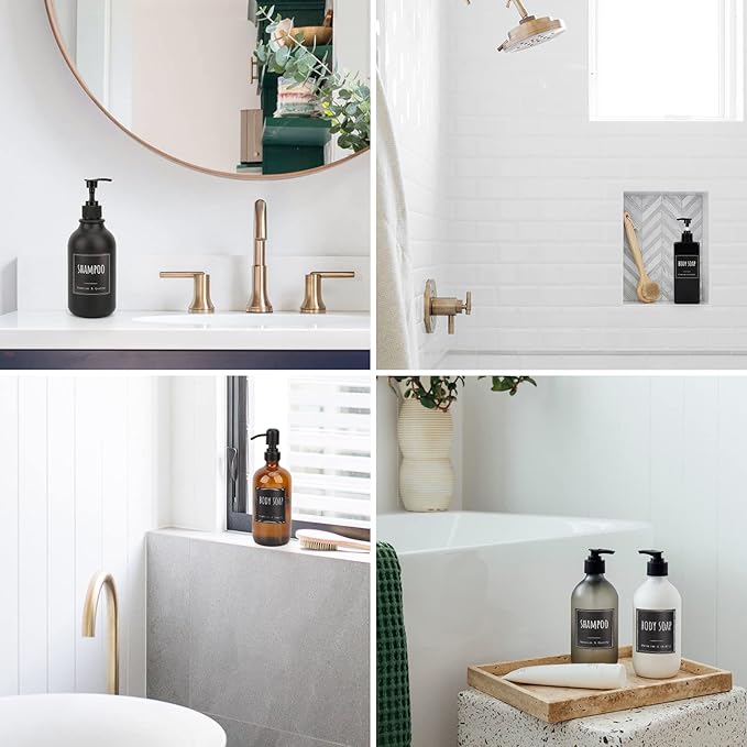 Segbeauty Soap Dispenser Labels, 18pcs Bathroom Waterproof Labels for Bottles, Black Removable Self-Adhesive Cleaning Bottle Label Stickers Printed with Shampoo Conditioner Body Soap
