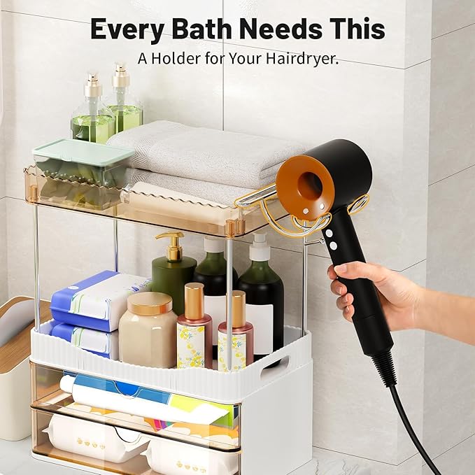 Bathroom Counter Organizer with Hairdryer Holder, 2-Tier 2-Drawer Shower Organizer for Skincare, Makeup Cosmetics, Large Capacity Vanity Organizer, Bathroom Decor, Valentine's Day(Amber)