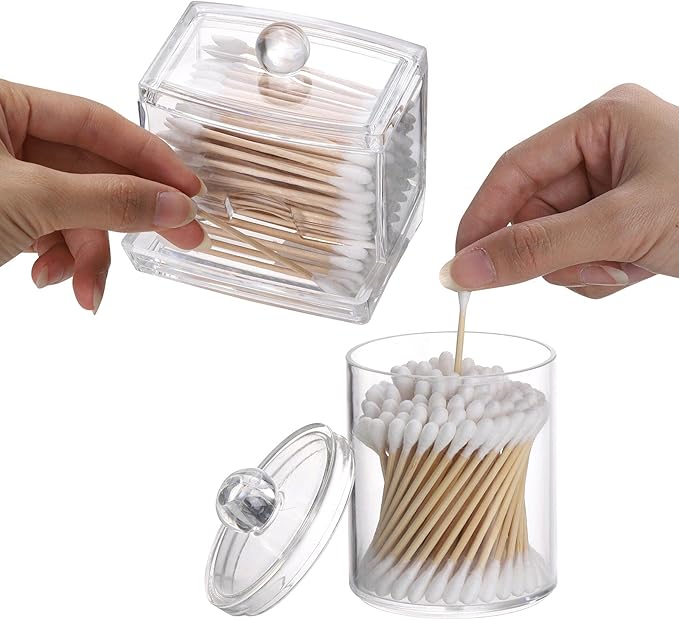 Tbestmax Plastic Qtips Holder Bathroom Container, 10/7 OZ Cotton Ball/Swabs Dispenser, Apothecary Jar Organizer for Storage 3 Pcs