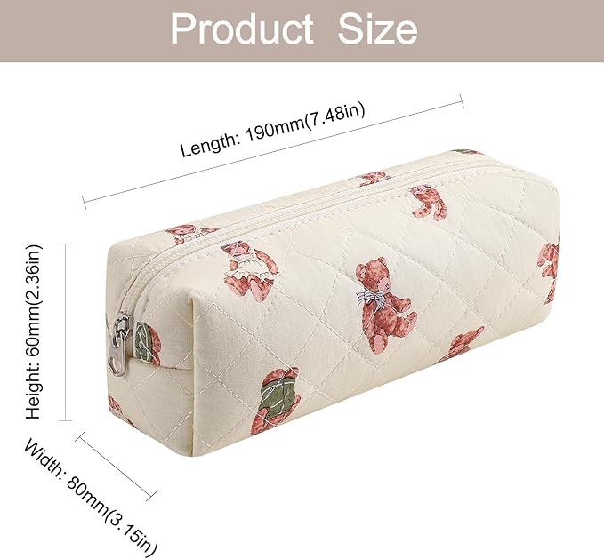Cute Floral Makeup Brush Bag Small Cotton Quilted Cosmetic Bag for Women Travel Toiletry Zipper Make Up Pouch (Bear)