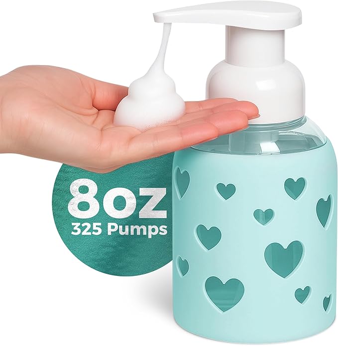 SoCal Suds & Company Foaming Hand Soap Dispenser Glass, Liquid Soap Pump with Heart Silicone Sleeve, Refillable Bottle for Kids, Baby Wash & Shampoo, Ideal for Bathroom & Kitchen Use, Sea Glass, 8oz