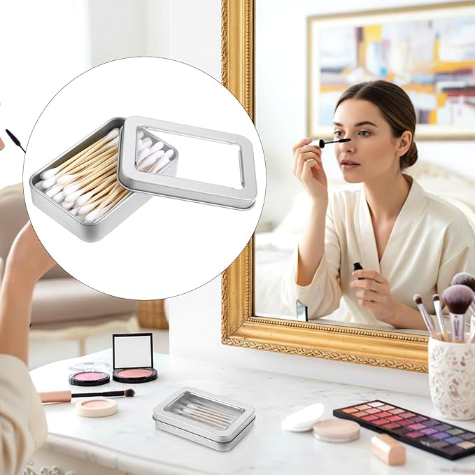 2PCS Metal Cotton Swab Holder, Portable Small Floss Pick Holder, Reusable Empty Metal Cotton Ball Case with Dust Lid for Travel Swabs Hair Ties Floss