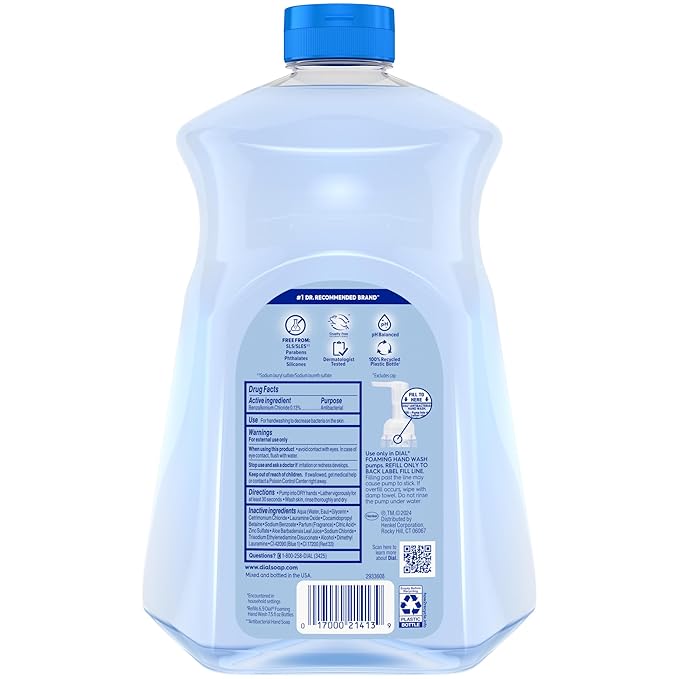 Dial Antibacterial Defense Foaming Hand Soap + Aloe, Spring Water Scent, 52 Fl Oz Hand Soap Refill, Dermatologist-Tested, Gentle on Skin