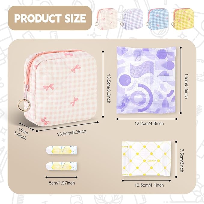Period Bag for Teen Girls, Quilted Sanitary Napkin Storage Bag, Cute Bow Tie Menstrual Pad Pouch Tampon Holder (Plaid-Purple)