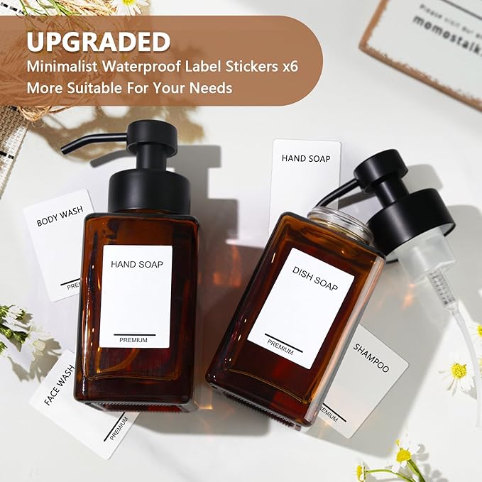 Foaming Hand Soap Dispenser 2 Pack, 12oz/350ml Amber Glass Foaming Soap Dispenser Set with Stainless Steel Pump, Square Refillable Foam Pump Bottles for Bathroom&Kitchen,Includes 6 Labels