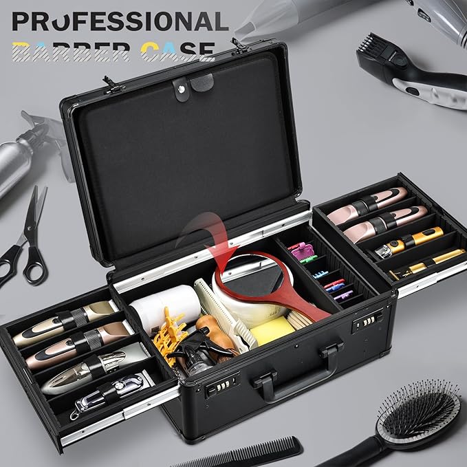 Barber Case with Clippers Sliding Tray, Profesional Barbers Briefcase Tool Case, Barber Cases for Clippers and Supplies, Hair Scissors Trimmer Organizer, Salon Grooming Hard Travel Suitcase