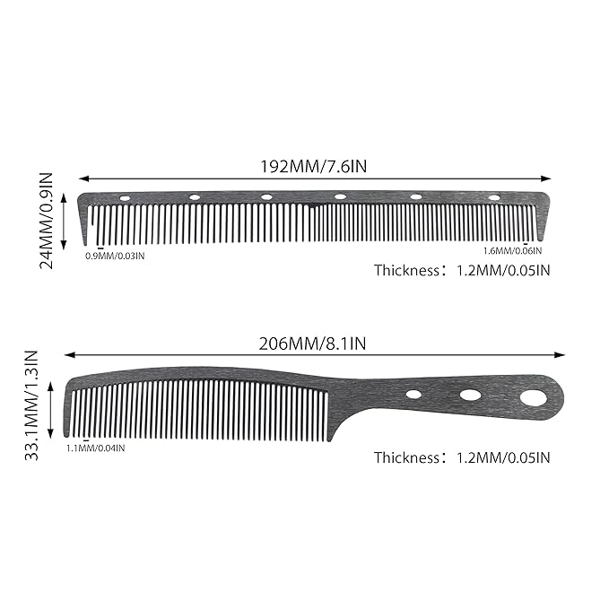 2 Pcs Black Metal Comb, Stainless Steel Fine Tooth Comb, Anti Static comb, Heat Resistant, Professional Barber Comb Set, hair combs for men, Wood Grain Design