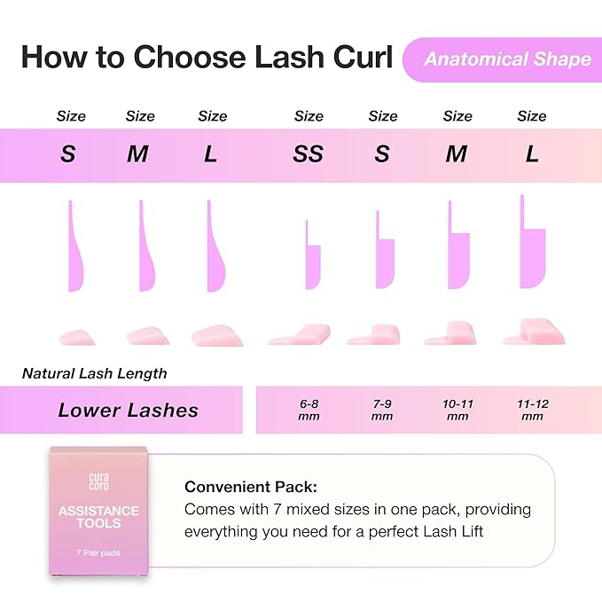Curacoro Lash Lift Rods, 14 Pcs/7 Sizes Lash Lift Shields, Lash Lift Pads for Eyelash Curling and Lifting, Reusable Silicone Lash Rods For Eyelash Perm Lamination