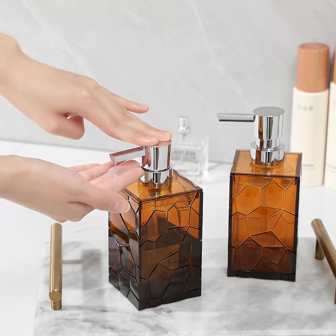 Hand Soap Dispenser, Clear Acrylic Plastic Liquid Pump Bottles Refillable Lotion Dispenser for Bathroom Decor Kitchen College Dorm, Amber