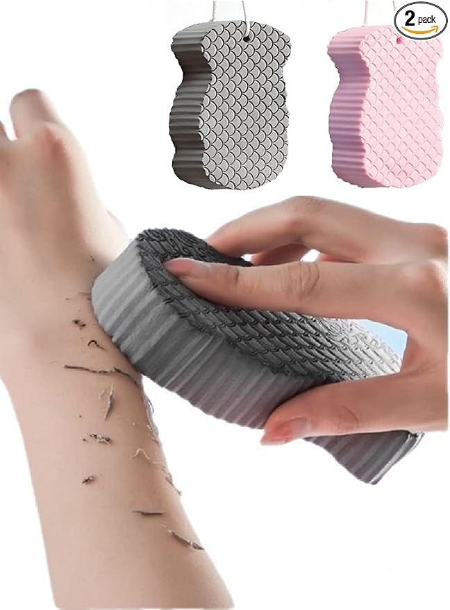 Magic Exfoliating Bath Sponge, New 3D Super Soft Gentle Exfoliation Dead Skin and Dirt Reusable Suitable for All Adults and Children. (Gray+Pink)