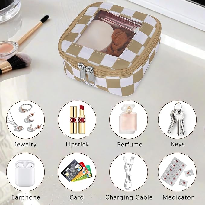 DOB SECHS Mini Checkered Bag for Purse 5.1'' x 5.1'' Small Makeup Bag for Car Cute Clear Cosmetic Bags with Zipper, Tiny Toiletry Bag Lipstick Organizer Pouch Travel Essentials Storage Pouch, Khaki