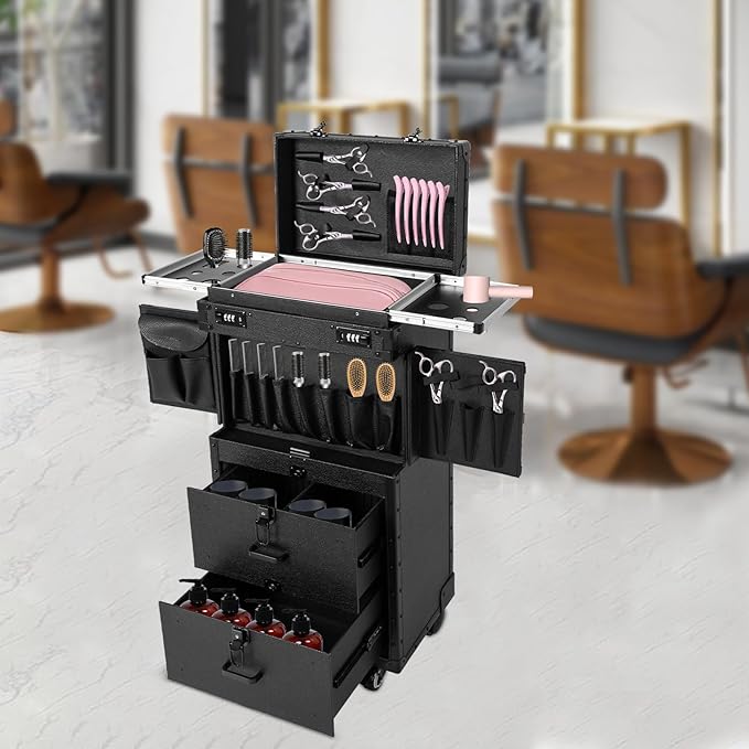 Bepritm Rolling Makeup Case, Large Retro Train Case Hairdressing Trolley with Universal Casters & Combination Lock, Travel Hair Tool Organizer for Barber, Beauty Stores, Nail Salons (Black)
