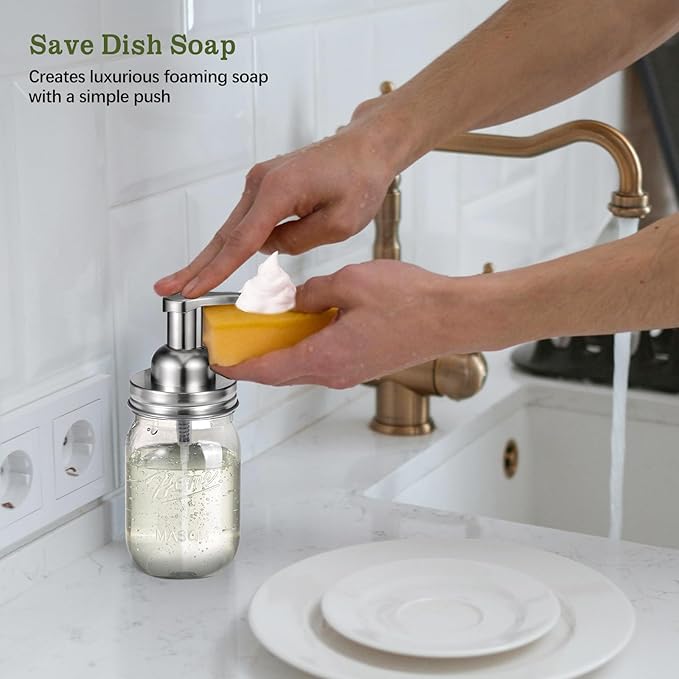 Amolliar Plastic Mason Jar Foaming Soap Dispenser with Pump Lid,16OZ Refillable Hand Soap Dispenser with Cute Lables - Farmhouse Decor for Kitchen/Bathroom, Lotion Dish Soap (1 Pack, Silver)