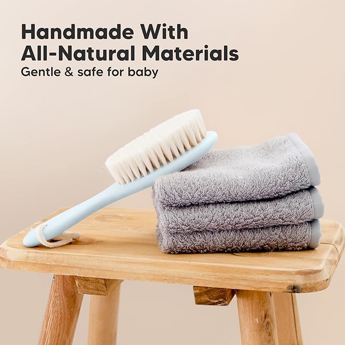 Wooden Baby Hair Brush - Cradle Cap Baby Brush with Soft Goat Bristles, Perfect Gentle Scalp Newborn Comb for Infant, Girls, Boys, Bath Essentials (Frost, Regular)