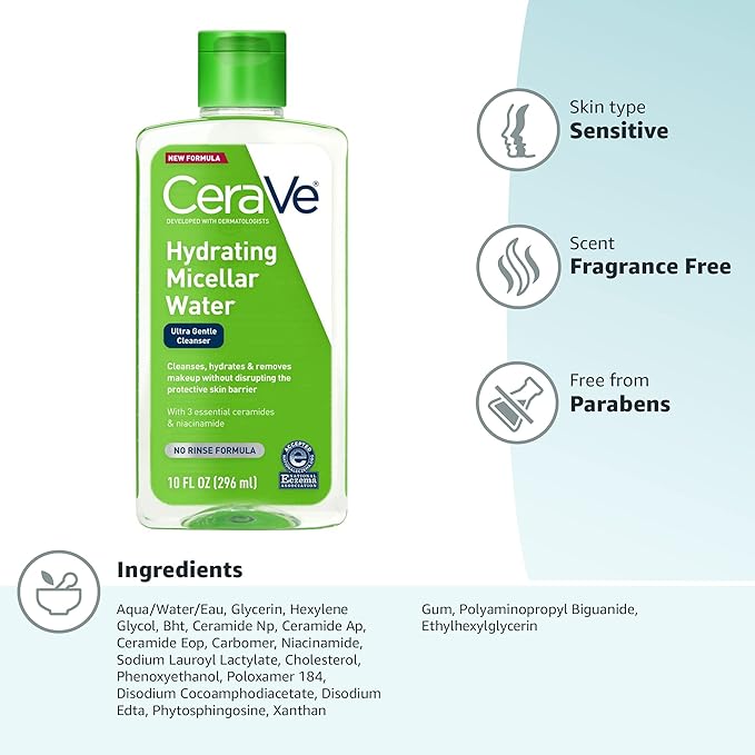 CeraVe Micellar Water,Hydrating Facial Cleanser & Eye Makeup Remover with Niacinamide,Ceramides & Glycerin,Fragrance-Free-& Non-Irritating,10 Fluid Ounces,(Pack of 2)