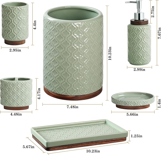 Elegant Bathroom Accessories Set 6 PCS Ceramic and Wood Bathroom Accessory Set Soap Dispenser Toothbrush Holder Tumbler Soap Dish Tray Trash Can Easy to Clean Quatrefoil Pattern Green