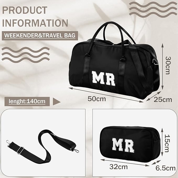 2 Pcs Wedding Weekender Bag Bride Groom Duffle Bag Chenille Letter Patch Travel for Bridal Shower Honeymoon Gift(MR,Black)