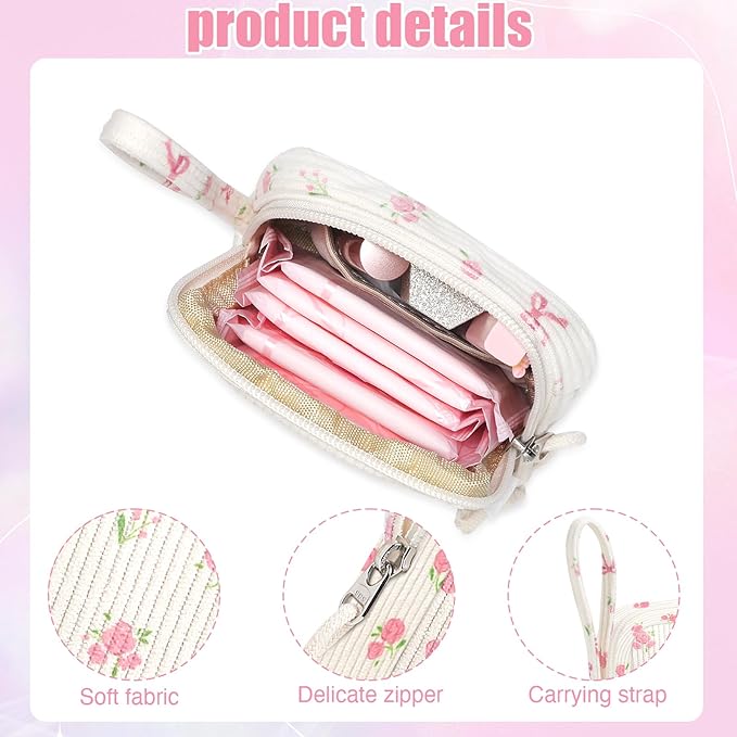 Small Makeup Bag | Discreet Period Bag Pad Pouch for Purse| Sanitary Napkin Storage & Tampon Holder for Travel(Flower bow beige)