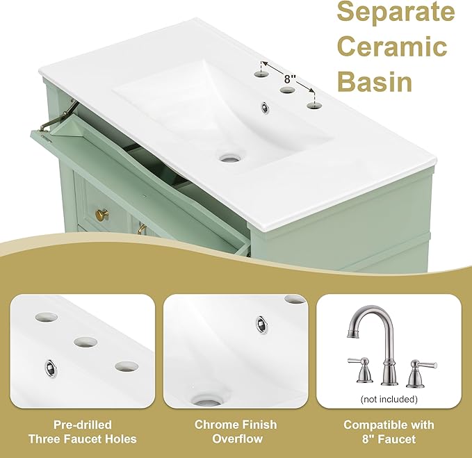 Harper & Bright Designs 36" Bathroom Vanity with Sink, Free Standing Bathroom Vanity Set with Flip Drawer, 2 Drawers, and Adjustable Shelf, Wood Storage Cabinet with Ceramic Basin for Bathroom, Green