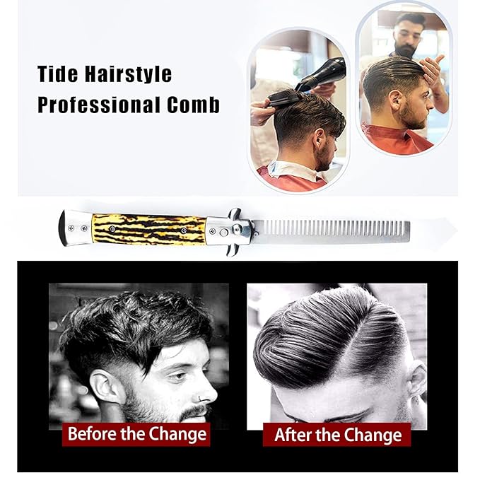 Folding Pocket Comb, Stainless Steel Beard Comb for Men, Switchblade Fine Tooth Mustache Combs Designed for Hair Salon Beauty Tool (Bone)