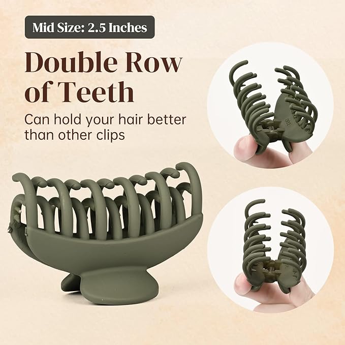 DEEKA 4 PCS Double Row Teeth Hair Claw Clips 2.5" Medium Hair Clips for Thin Hair Small Matte Clips Short Fine Hair Accessories for Women and Girls -Green Yellow
