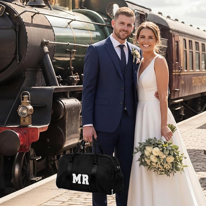 2 Pcs Wedding Weekender Bag Bride Groom Duffle Bag Chenille Letter Patch Travel for Bridal Shower Honeymoon Gift(MR,Black)