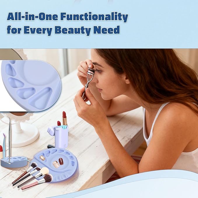 5-In-1 Silicone Makeup Palette Cosmetic Palette, Multifunction Makeup Mixing Palette with Spatula Tool For Nail Art, Eye Shadow, Eyelash Glue Foundation Color Palette Light Blue