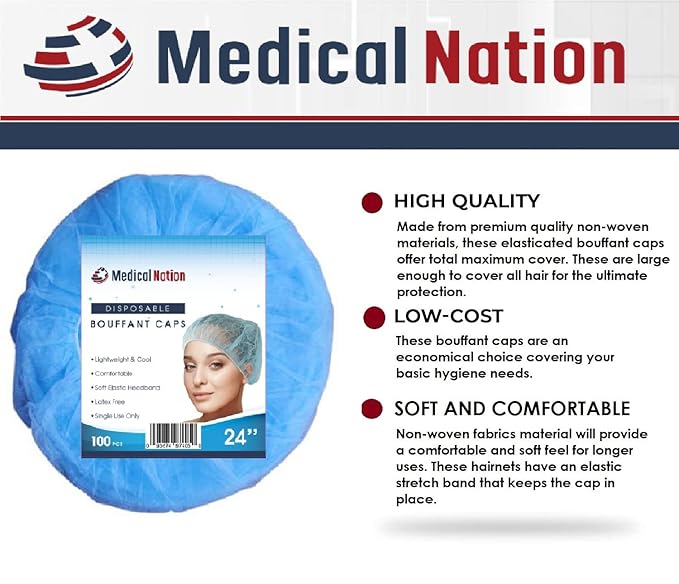 21" Disposable Bouffant Caps | Pack of 100, Blue | Hairnets, Non-Woven, Non-Pleated Head Hair Covers |For Medical, Labs, Nurse, Tattoo, Food Service, Hospital, Cooking - Size 21" Blue
