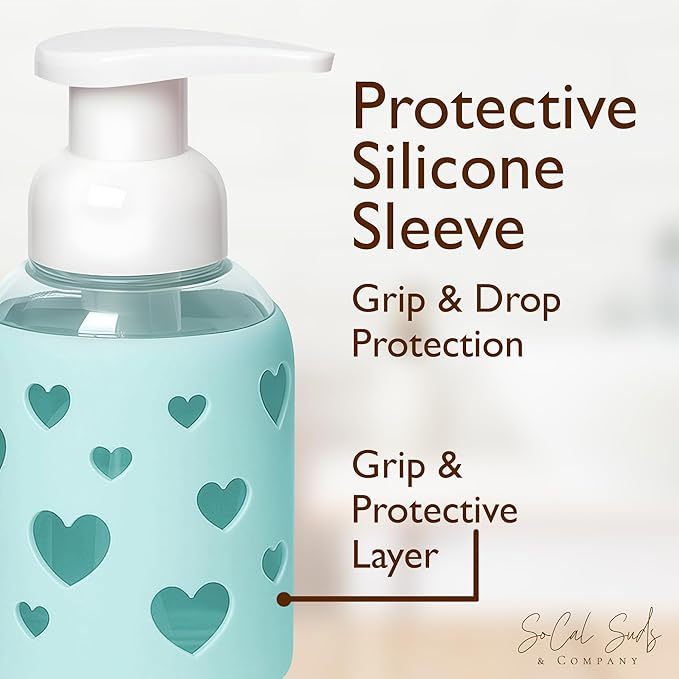 SoCal Suds & Company Foaming Hand Soap Dispenser Glass, Liquid Soap Pump with Heart Silicone Sleeve, Refillable Bottle for Kids, Baby Wash & Shampoo, Ideal for Bathroom & Kitchen Use, Sea Glass, 8oz