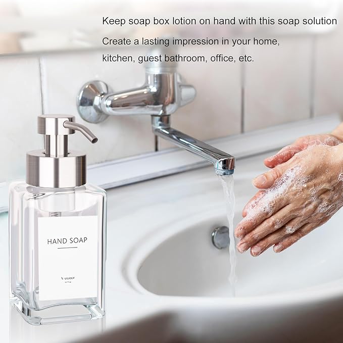Foaming Soap Dispenser with Stainless Steel Pump, 12oz Refillable Glass Liquid Dish Soap Bottles for Bathroom, Kitchen Sink, Home Decor
