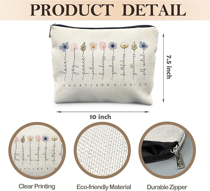 Christian Gifts Makeup Bag, Floral Christian Cosmetic Bags for Women, Galatians 5:22-23 Bible Verse Makeup Pouch, Faith Based Gifts Zipper Pouch