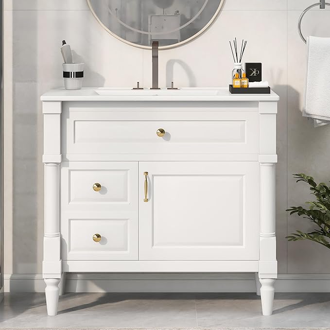 Harper & Bright Designs 36" Bathroom Vanity with Sink, Free Standing Bathroom Vanity Set with Flip Drawer, 2 Drawers, and Adjustable Shelf, Wood Storage Cabinet with Ceramic Basin for Bathroom, White