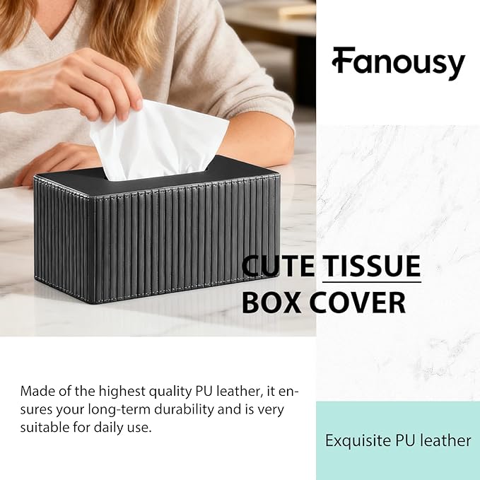 Fanousy Large Tissue Box Cover Rectangular with Bottom Belt, Fits 230-Count Kleenex, Modern PU Leather Facial Tissue Dispenser Holder for Bathroom Vanity, Nightstand, Bedroom, Office, Home Decor