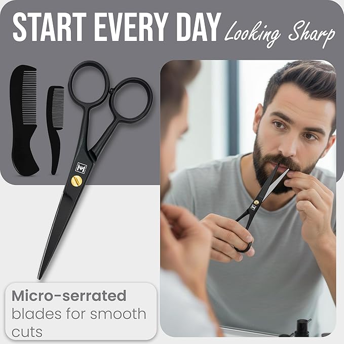 Mustache & Beard Scissors for Men – Professional 5" Stainless Steel Grooming Kit with Comb & Travel Case – Sharp Facial Hair Trimming Tool for Mustache, Beard, Nose & Eyebrows