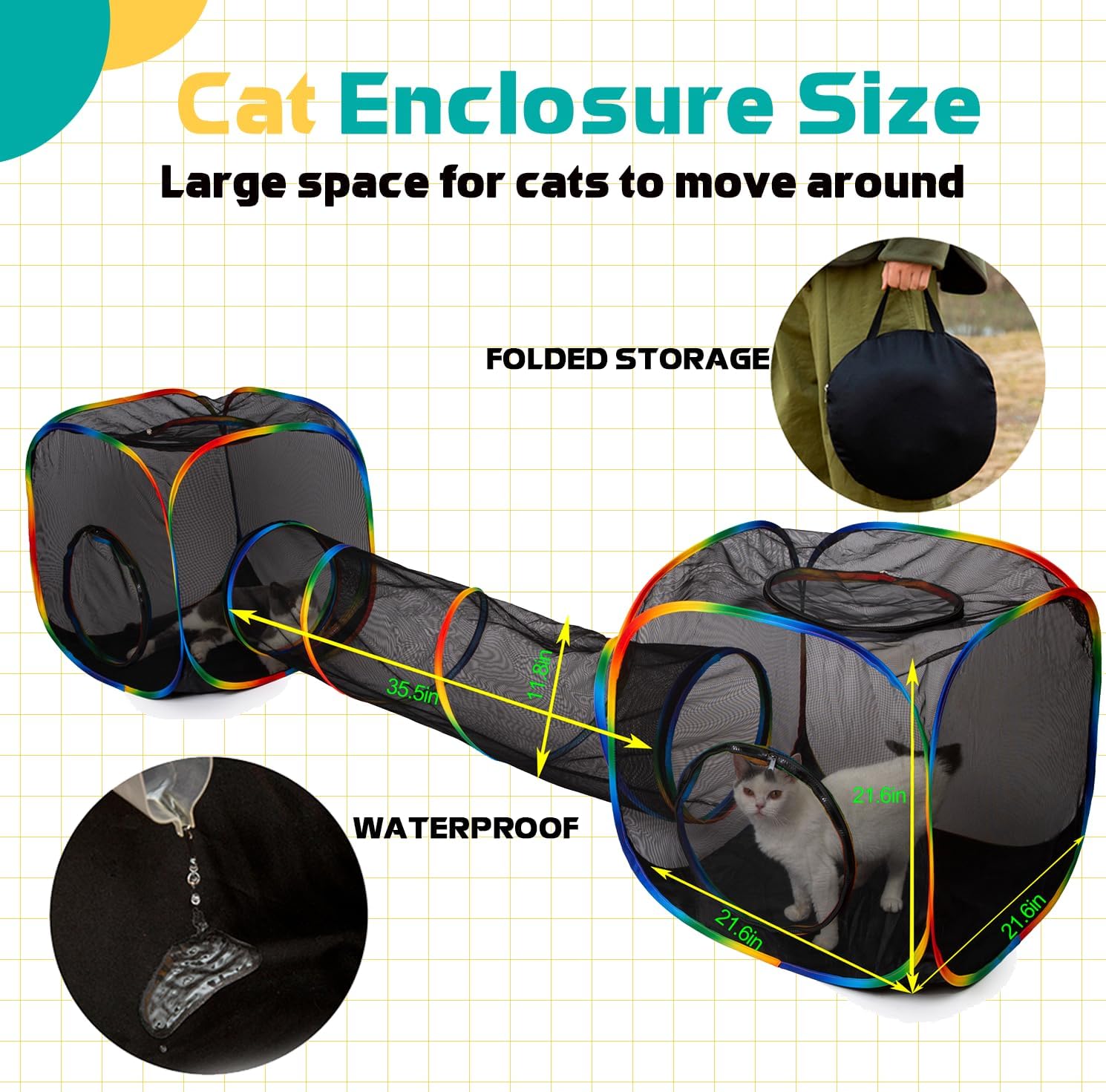 LUCKITTY Outdoor Rainbow Cat Enclosures Playground,Outside House for Indoor Cats Include Portable Tent, 2 Way with 2 Cube Tunnel, for Kitty and Small Animals,Within Storage Bag