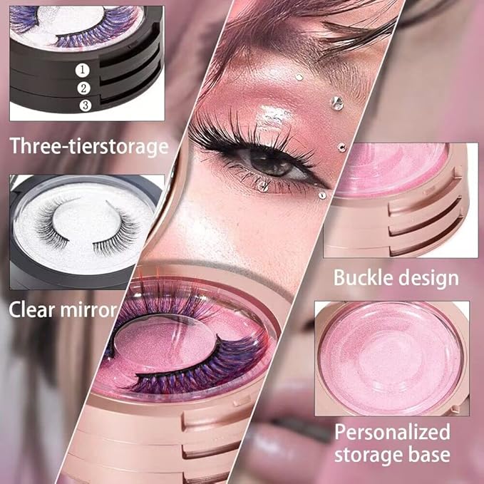 Eyelash Storage Box-2 Pack Eyelash Holder Case with Mirror 3Layers Circle Eyelash Box with Lash Holder Empty Makeup Case Travel for Women and Girls（Rose Gold)）
