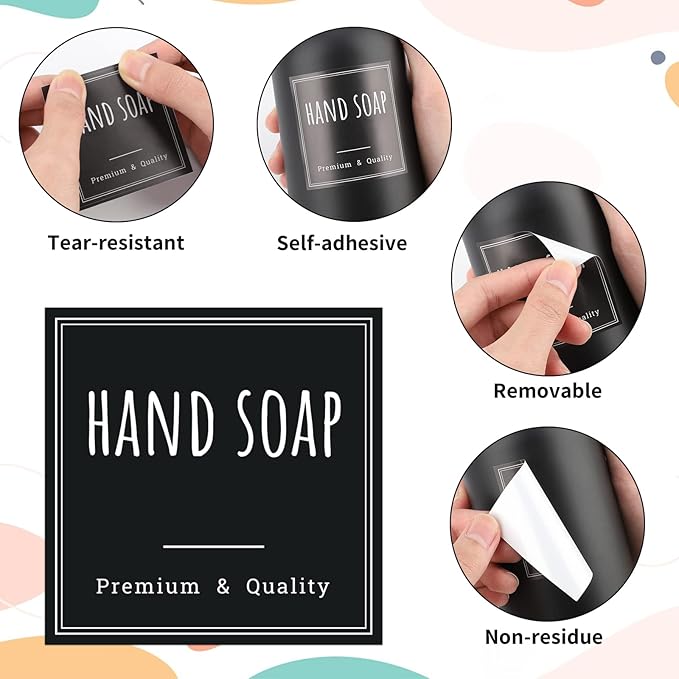 Segbeauty Kitchen Organization Labels, 18pcs Black Removable Waterproof Labels for Containers, Reusable Hand Soap Dispenser Sticker for Farmhouse Modern Home Cleaning Plastic Glass Bottles
