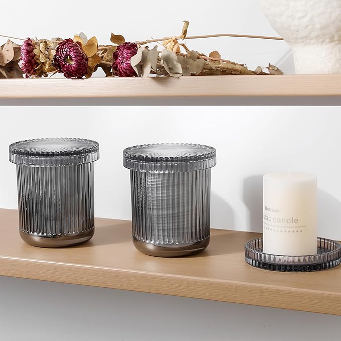 rejomiik Glass Qtip Holder Dispenser, Bathroom Canister Apothecary Jars with Lids, Vanity Makeup Accessories Storage Organizer for Cotton Swabs, Cotton Balls, Pads, Floss Picks, Gray